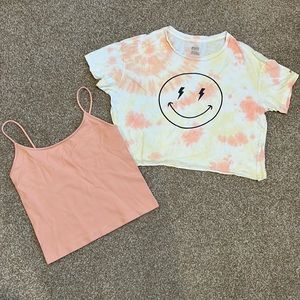 Pink VS cute cropped tee-orange/yellow tie dye smiley face & peach cami Am eagle
